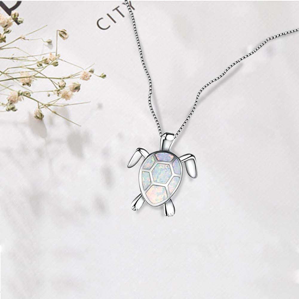 Hithop Cute Turtle Pendant Necklace Lovely Animals White Fire Opal Plated Silver Necklace Jewellery Gifts - Image 2